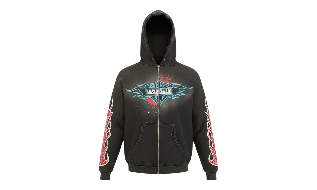 Masato Kawajo Rhinestone Studded Firestorm Hoodie "Vintage Black" MASSHD BLK